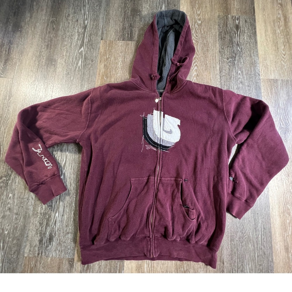 Burton Full Zip Hoodie Mens Large Burgundy Ribbed Fleece Lined Logo Distressed